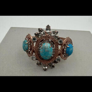 Elizabeth Cole Turquoise Stone Bangle Bracelet Rose Gold Tone